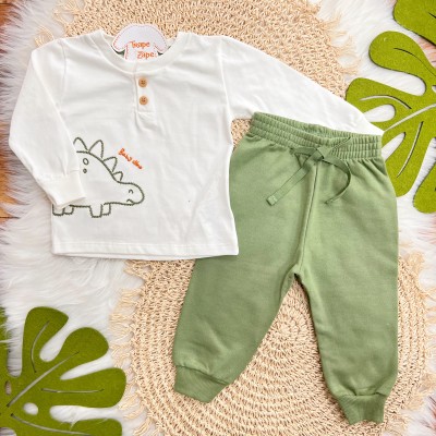 Conj. Blusa Manga Longa Baby Dino e Calça de Moletom - Off White e Verde